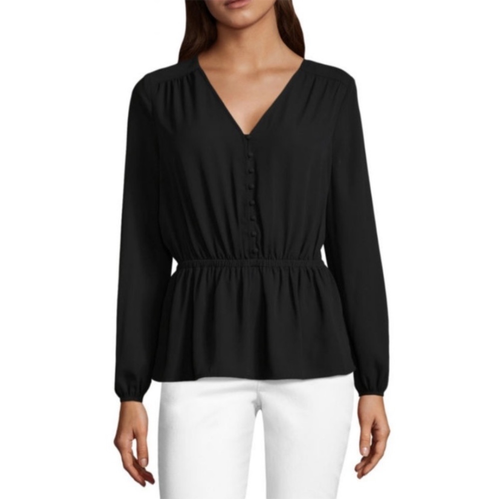 NEW! Worthington Smocked Waist Button Blouse-Tall